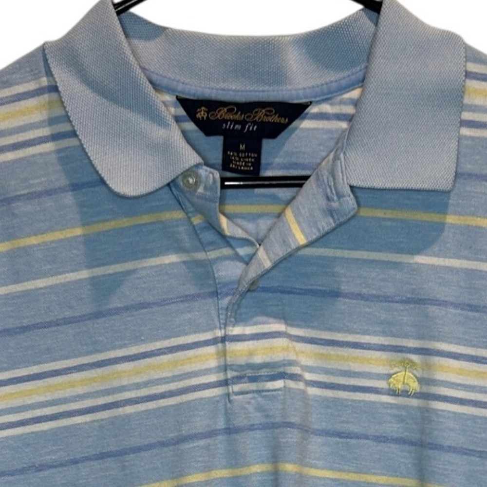 Brooks Brothers Polo Shirt Small Mens Blue Striped Slim Fit Cotton Linen Blend